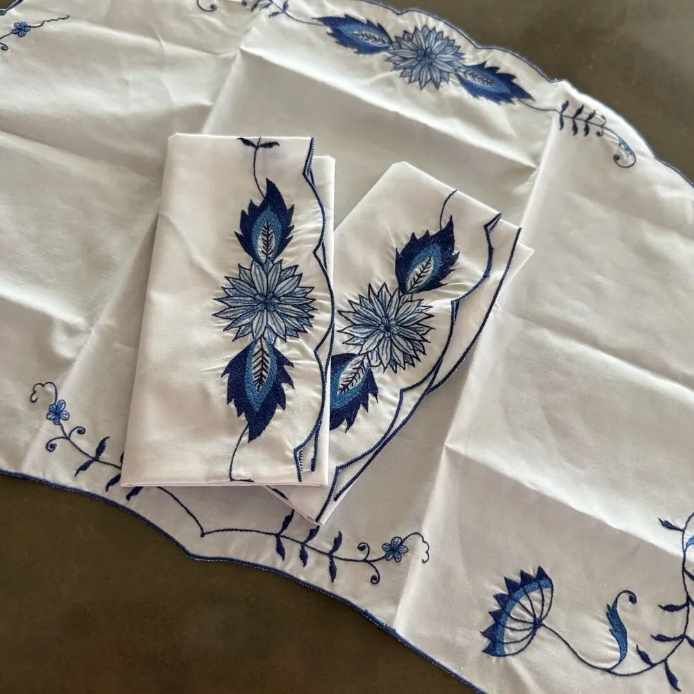 Three (3) Embroidered Placemats ~ Pure White w/Blue Floral “Vieux Luxembourg”